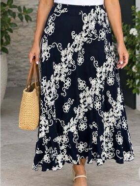SJS Navy Maxi Skirt with Cream Floral Lace Print